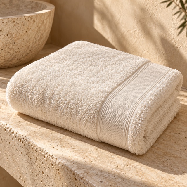 Illustrative ivory Cairo bath towel on pale stone