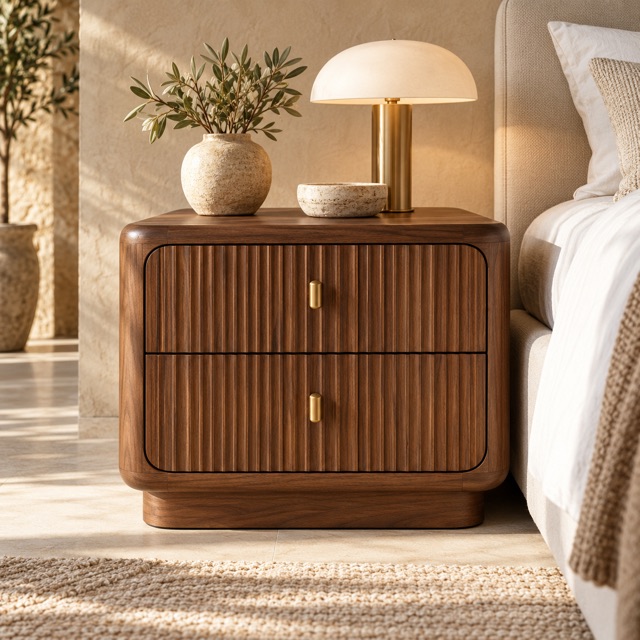 Illustrative walnut-tone fluted nightstand