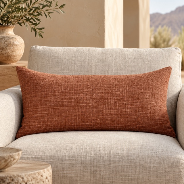 Illustrative terracotta lumbar pillow