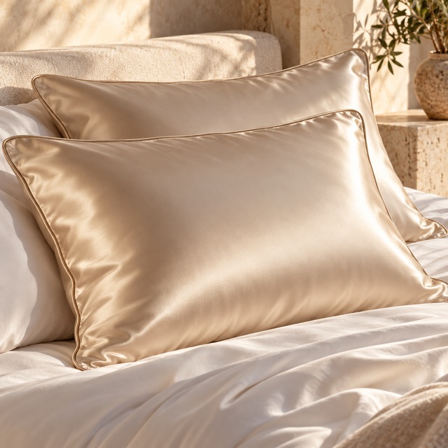 Illustrative champagne silk pillowcase pair
