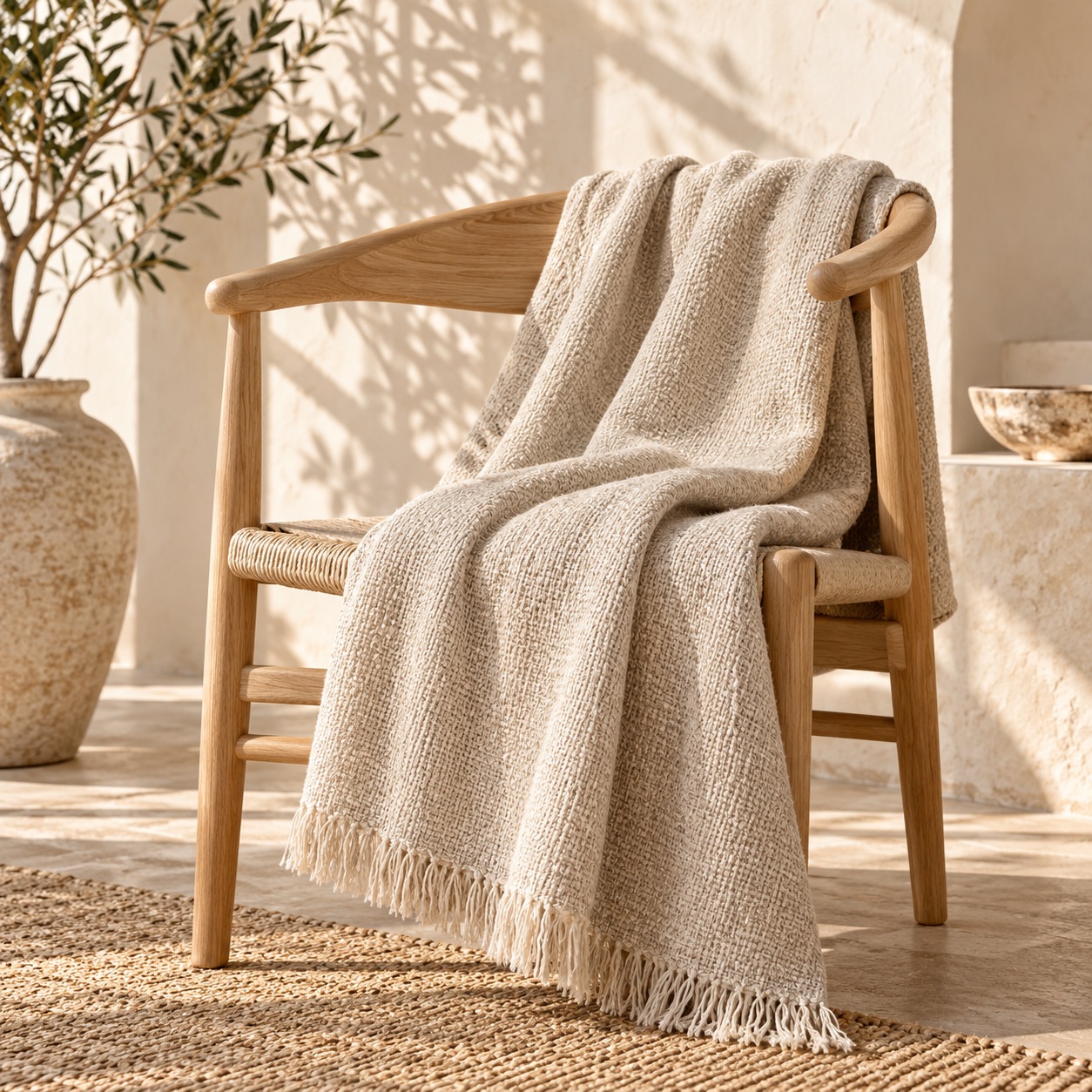 Illustrative oatmeal throw in a sunlit desert-inspired interior